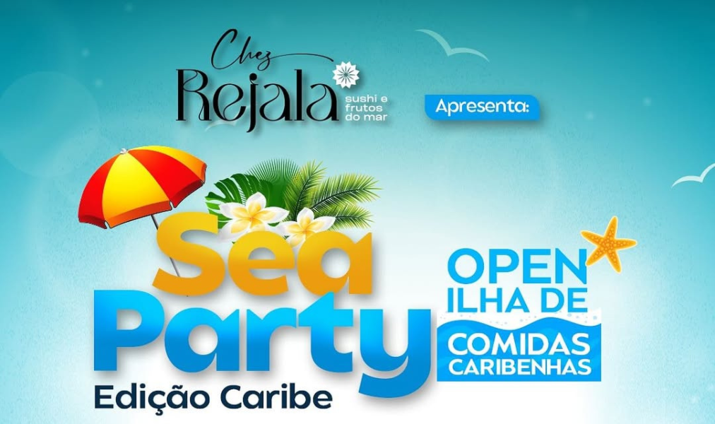 Mesa com pratos típicos caribenhos servidos na Sea Party em Campo Grande.