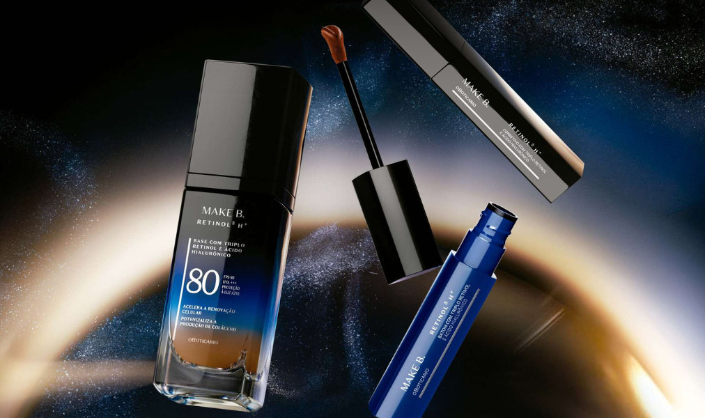 Produto Make B. Retinol³ H+ exibido ao lado de elementos de skincare.