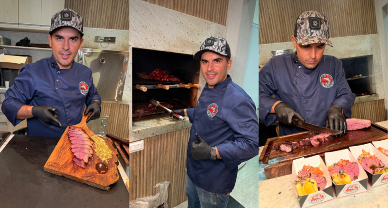 Foto de Diego BBQ preparando churrasco na grelha em evento gastronômico