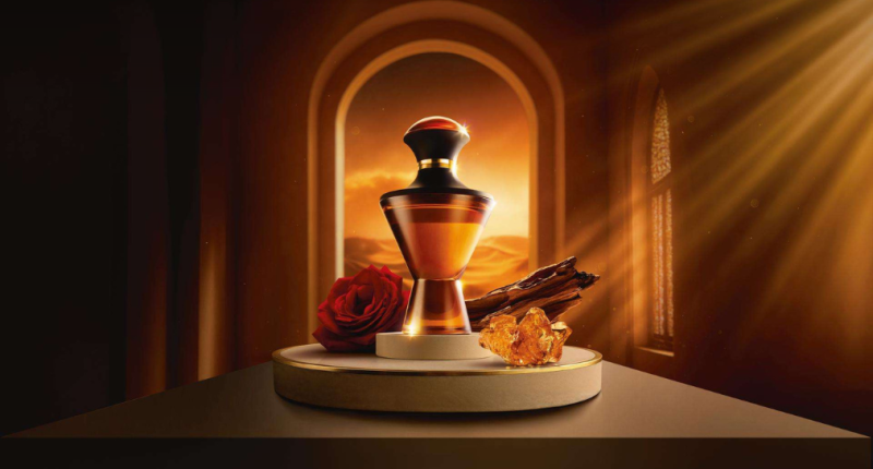 Frasco de Hadiya do Boticário em formato de ânfora com detalhes dourados, inspirado na perfumaria árabe.