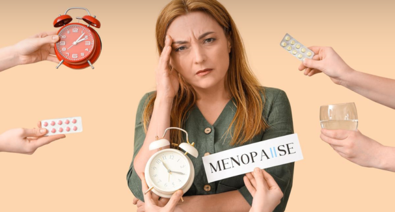 Aplicativo de saúde feminina exibido em smartphone ao lado de smartwatch que monitora sintomas da menopausa.