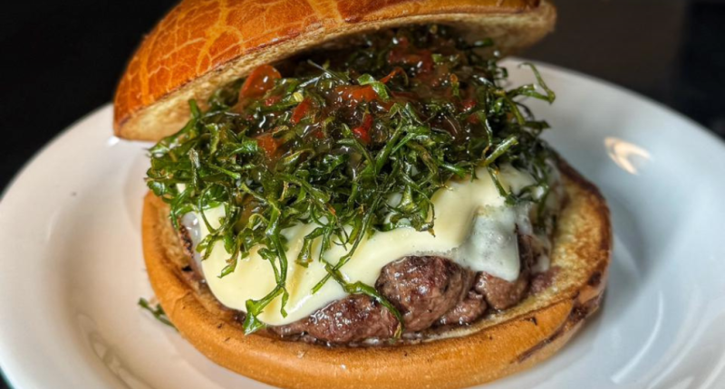 Lanche Quatro Formaggio do NaBrasa Burger com burger defumado, creme quatro queijos, couve crispy e pão de brioche.