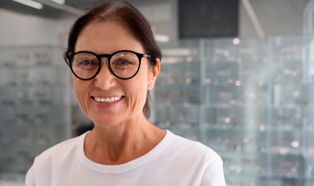 Mulher madura em ambiente iluminado segurando seus óculos, em cena suave que simboliza cuidado, bem-estar e atenção à saúde ocular após os 50.