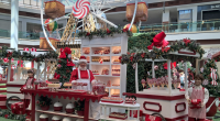 Cenário iluminado do Natal dos Doces no Shopping Campo Grande, com árvore gigante, cores vibrantes e famílias circulando pelo espaço temático.