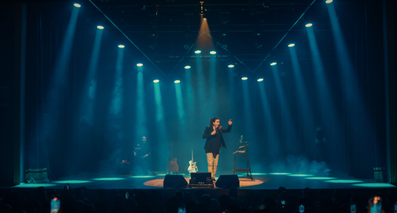 Imagem de Whindersson Nunes no palco, sob luzes intensas, expressando humor, emoção e a energia da turnê “Isso Definitivamente Não é um Culto”.