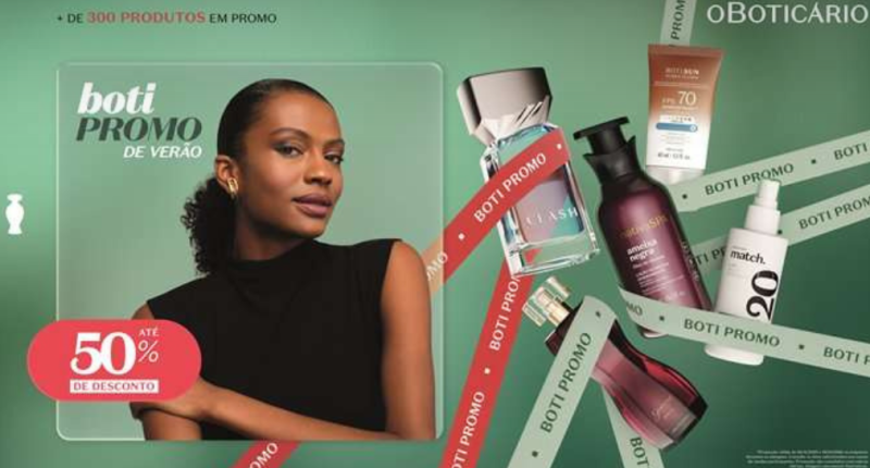 Produtos de beleza de verão expostos em loja do O Boticário, representando autocuidado e renovação.