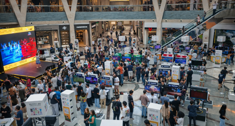 Visitantes jogando consoles clássicos na 15ª edição do Museu do Videogame no Shopping Bosque dos Ipês