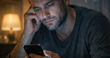 Pessoa observa a tela do celular em ambiente silencioso, refletindo sobre o impacto da tecnologia na saúde mental