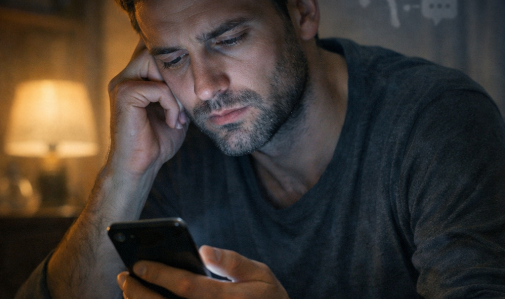 Pessoa observa a tela do celular em ambiente silencioso, refletindo sobre o impacto da tecnologia na saúde mental