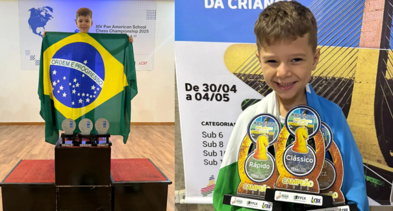 Menino prodígio do xadrez joga simultânea com jovens no Lago de Carpas do Comper Itanhangá