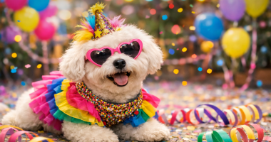 Cães fantasiados desfilando em ambiente colorido com confetes e famílias sorrindo na Praça Central do shopping.