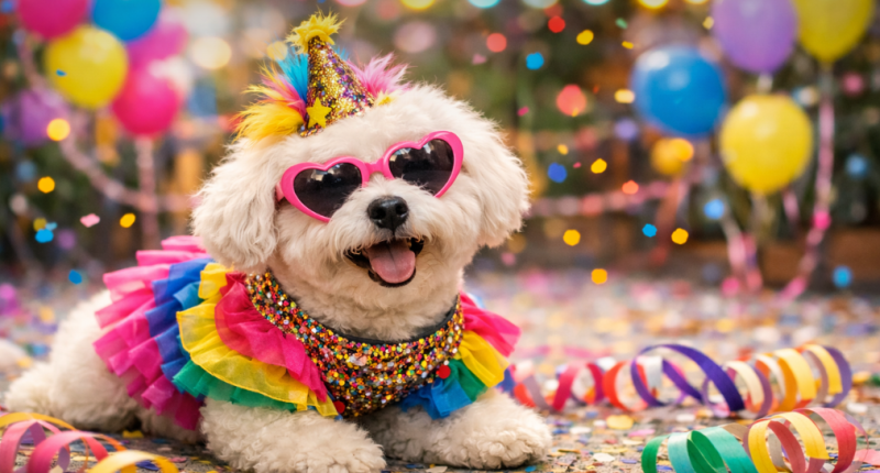 Cães fantasiados desfilando em ambiente colorido com confetes e famílias sorrindo na Praça Central do shopping.