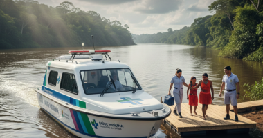 Plataforma flutuante em rio amazônico com estrutura de atendimento de saúde e embarque de pacientes em região de floresta