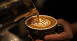 Barista criando desenho de latte art em cappuccino durante competição de café em cafeteria