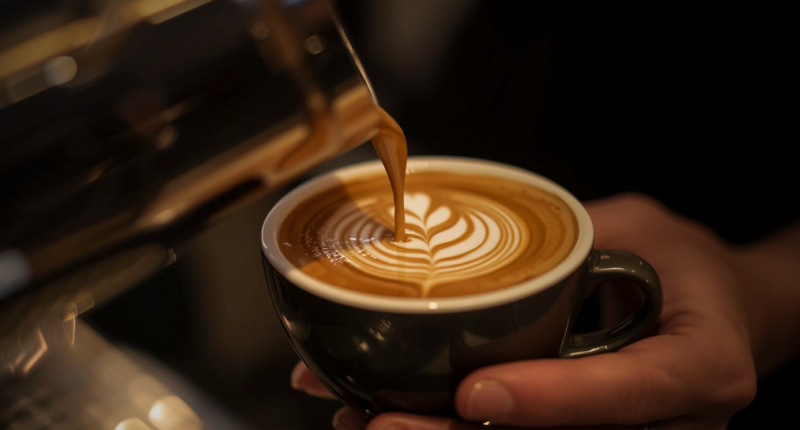 Barista criando desenho de latte art em cappuccino durante competição de café em cafeteria