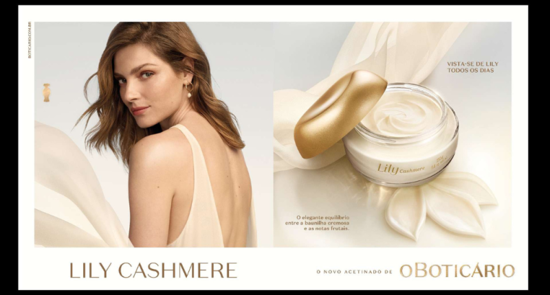 Creme acetinado Lily Cashmere de O Boticário com textura sofisticada e embalagem elegante sobre superfície iluminada