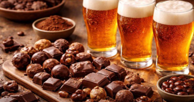 Taça de cerveja ao lado de chocolates variados em mesa decorada de Páscoa, destacando combinação gastronômica