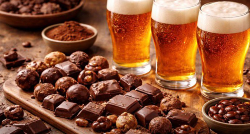 Taça de cerveja ao lado de chocolates variados em mesa decorada de Páscoa, destacando combinação gastronômica