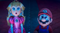 Cena de animação com Mario e Luigi em aventura espacial colorida, com planetas e personagens do universo Nintendo