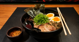 Tigela de lamen japonês fumegante servida em restaurante durante período de frio em Campo Grande.