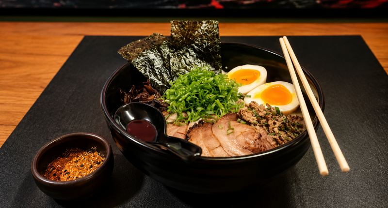 Tigela de lamen japonês fumegante servida em restaurante durante período de frio em Campo Grande.