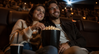 Casal sorridente em sala de cinema durante campanha especial de Dia dos Namorados da UCI Cinemas no Shopping Bosque dos Ipês.