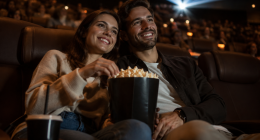 Casal sorridente em sala de cinema durante campanha especial de Dia dos Namorados da UCI Cinemas no Shopping Bosque dos Ipês.