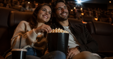 Casal sorridente em sala de cinema durante campanha especial de Dia dos Namorados da UCI Cinemas no Shopping Bosque dos Ipês.