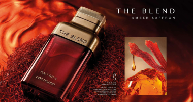 Frasco do perfume The Blend Amber Saffron, lançamento masculino inspirado em especiarias e perfumaria árabe.