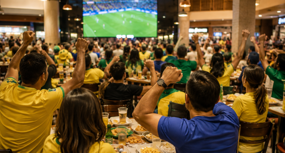 Praça de Alimentação de shopping preparada para receber torcedores durante transmissões da Copa do Mundo