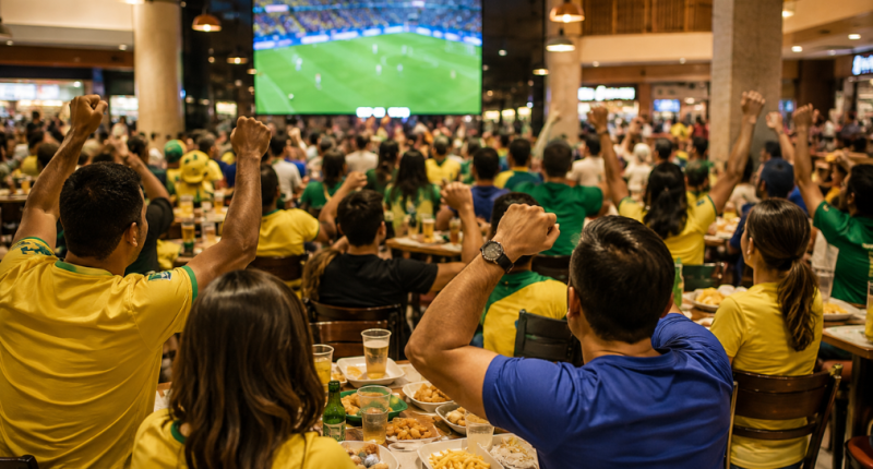 Praça de Alimentação de shopping preparada para receber torcedores durante transmissões da Copa do Mundo