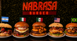 Hambúrgueres artesanais inspirados em diferentes países da Copa do Mundo dispostos sobre mesa rústica com ingredientes frescos e ambiente descontraído