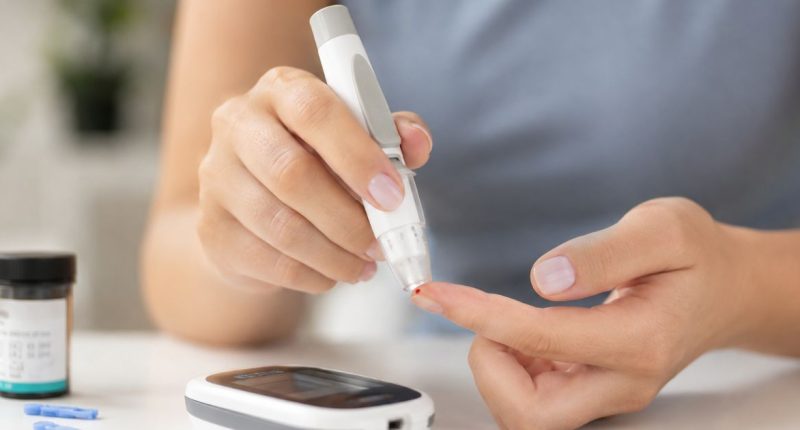 Profissional de saúde analisa exames relacionados ao diabetes durante acompanhamento de paciente.