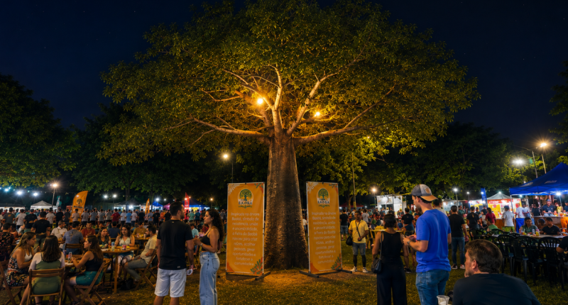 Visitantes circulam entre o Baobá na Feira do Baobá durante evento comunitário em Campo Grande.