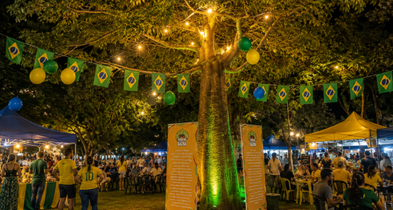 Público visita barracas da Feira do Baobá durante evento de gastronomia, artesanato e economia criativa em Campo Grande.