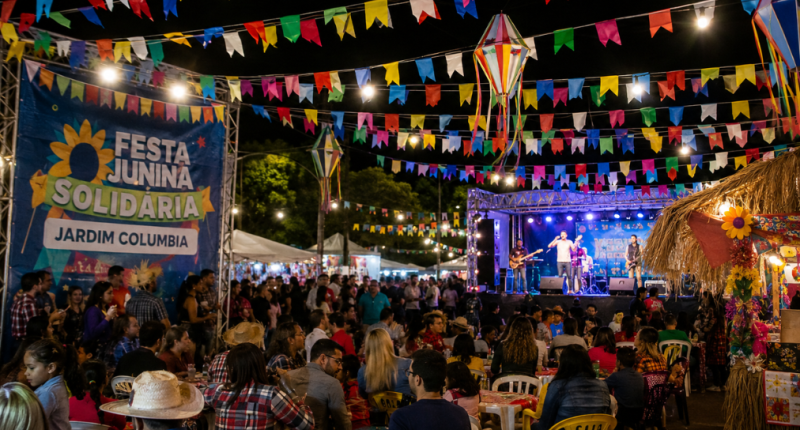 Famílias circulam entre barracas típicas durante festa junina comunitária, enquanto apresentações culturais acontecem em palco ao ar livre.