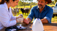 Profissional de saúde utiliza aparelho portátil Hilab para realizar exame rápido em produtor rural em propriedade de Mato Grosso do Sul.