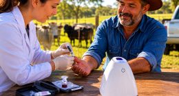 Profissional de saúde utiliza aparelho portátil Hilab para realizar exame rápido em produtor rural em propriedade de Mato Grosso do Sul.