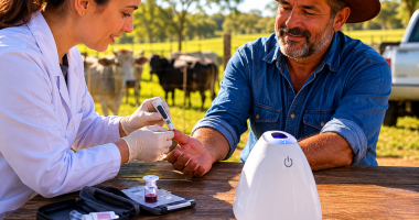 Profissional de saúde utiliza aparelho portátil Hilab para realizar exame rápido em produtor rural em propriedade de Mato Grosso do Sul.