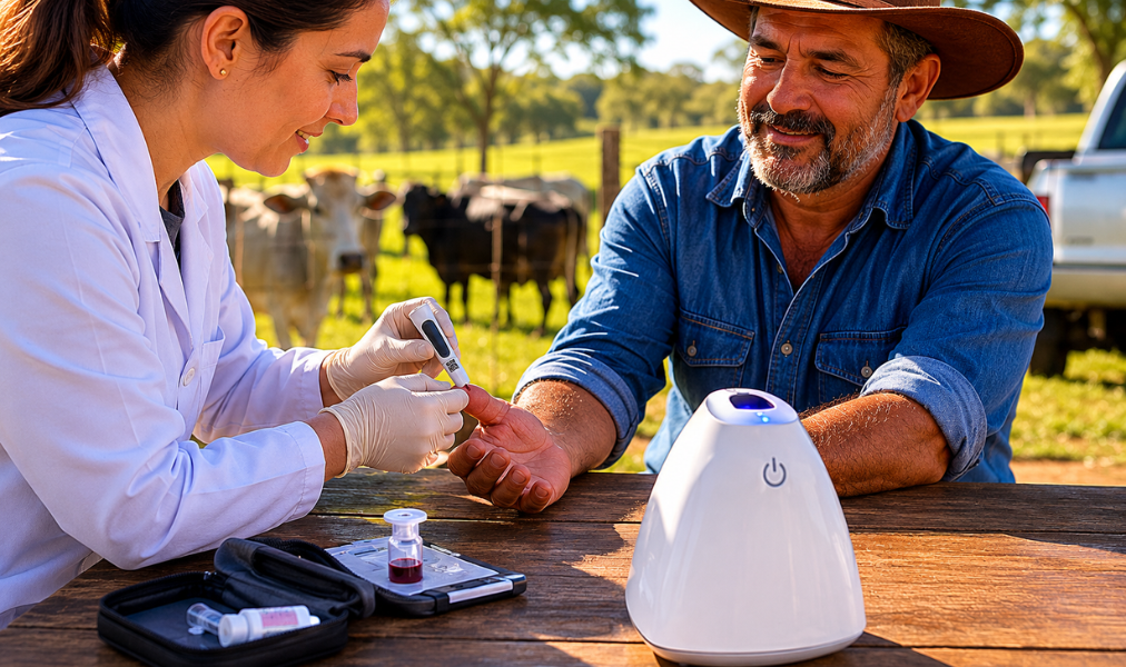 Profissional de saúde utiliza aparelho portátil Hilab para realizar exame rápido em produtor rural em propriedade de Mato Grosso do Sul.