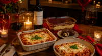 Mesa romântica decorada para o Dia dos Namorados com massa italiana, vinho tinto e sobremesa especial preparada pela Lá Sorella Gourmet.