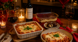 Mesa romântica decorada para o Dia dos Namorados com massa italiana, vinho tinto e sobremesa especial preparada pela Lá Sorella Gourmet.
