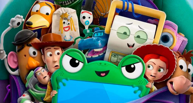 Cena promocional de Toy Story 5 com Woody, Buzz Lightyear e Jessie em nova aventura da Pixar.