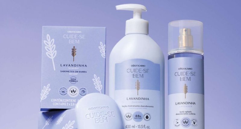 Produtos da linha Cuide-se Bem Lavandinha, do O Boticário, com body splash, hidratante e sabonete.