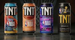 Latas colecionáveis da TNT Energy Drink com os novos sabores lançados em parceria com a NBA.