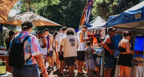 Visitantes circulam entre estandes da Feira Borogodó durante evento realizado na Praça Coophafé, em Campo Grande.