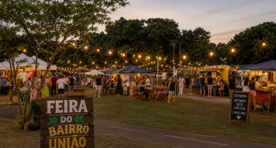 Barracas de gastronomia, artesanato e produtos autorais montadas na Praça Generoso da Costa Benevides durante a Feira do Bairro União.
