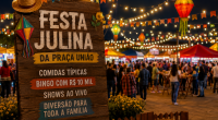 Arte da Festa Julina da Praça União informa as novas datas do evento, 10 e 11 de julho, com shows, bingo de R$ 10 mil e comidas típicas.