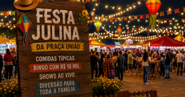 Arte da Festa Julina da Praça União informa as novas datas do evento, 10 e 11 de julho, com shows, bingo de R$ 10 mil e comidas típicas.