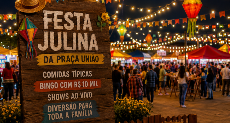 Arte da Festa Julina da Praça União informa as novas datas do evento, 10 e 11 de julho, com shows, bingo de R$ 10 mil e comidas típicas.